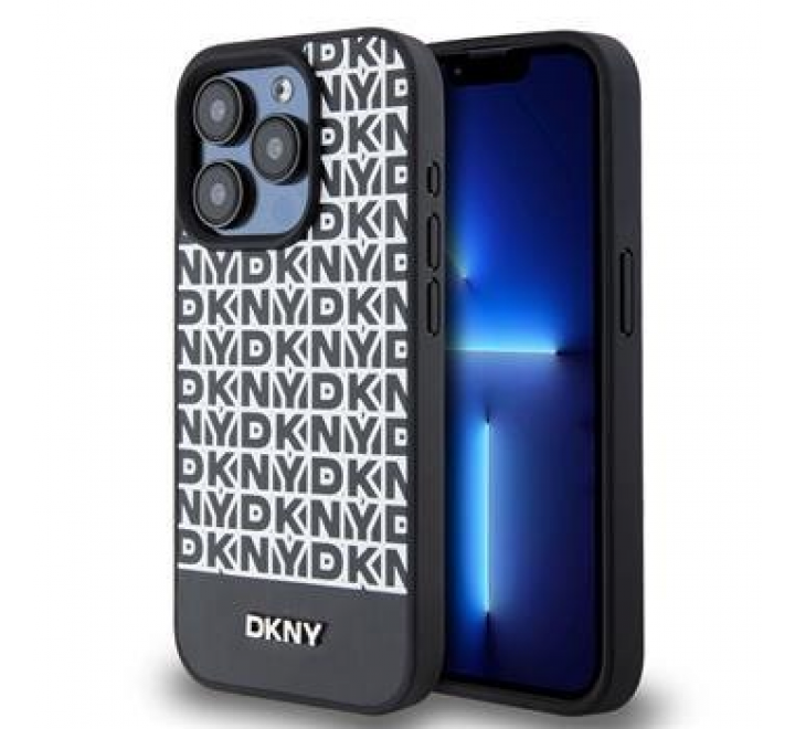 DKNY PU Leather Repeat Pattern Bottom Stripe Zadní Kryt pro iPhone 13 Pro Max Black