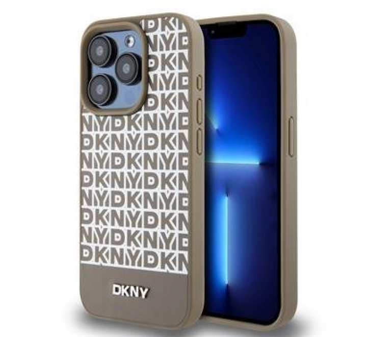 DKNY PU Leather Repeat Pattern Bottom Stripe Zadní Kryt pro iPhone 13 Pro Max Brown