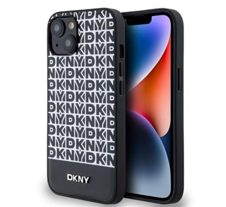 DKNY PU Leather Repeat Pattern Bottom Stripe Zadní Kryt pro iPhone 14 Black