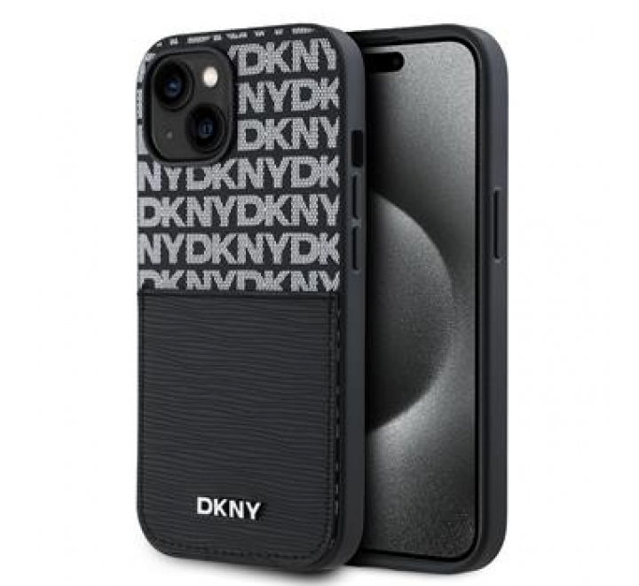 DKNY PU Leather Repeat Pattern Card Pocket Zadní Kryt pro iPhone 15 Black