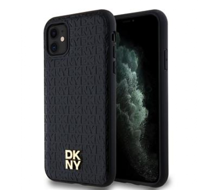 DKNY PU Leather Repeat Pattern Stack Logo Magsafe Zadní Kryt pro iPhone 11 Black