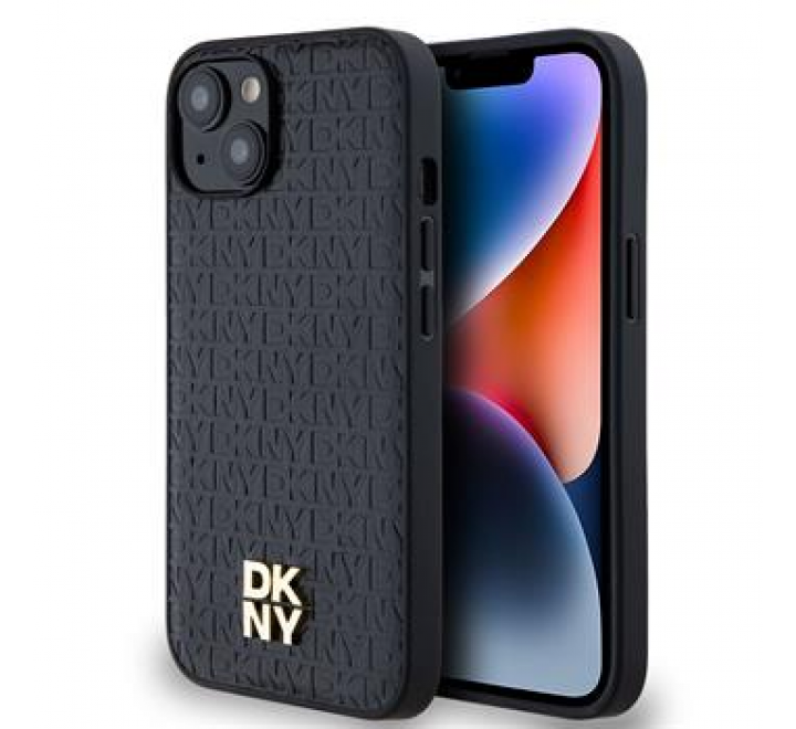 DKNY PU Leather Repeat Pattern Stack Logo Magsafe Zadní Kryt pro iPhone 15 Black