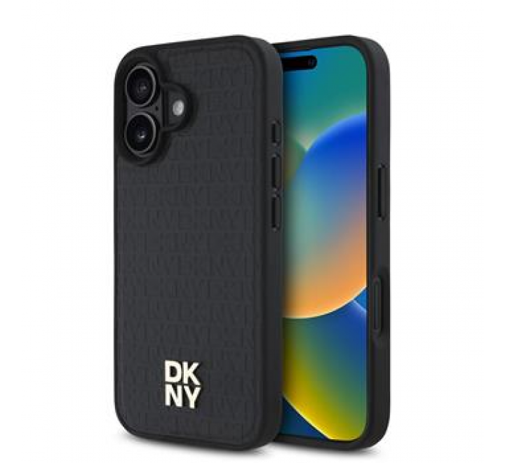 DKNY PU Leather Repeat Pattern Stack Logo MagSafe Zadní Kryt pro iPhone 16 Plus Black