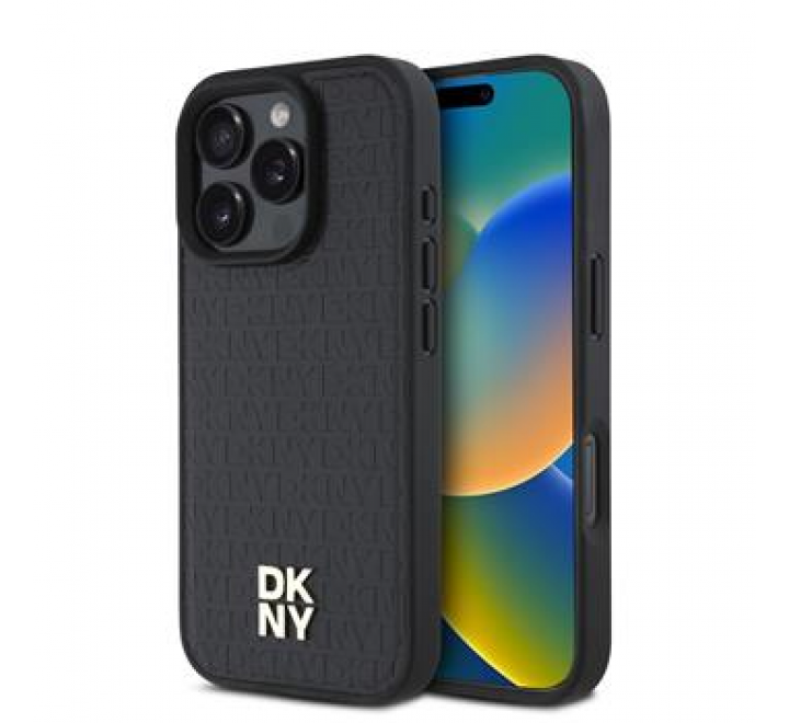 DKNY PU Leather Repeat Pattern Stack Logo MagSafe Zadní Kryt pro iPhone 16 Pro Max Black