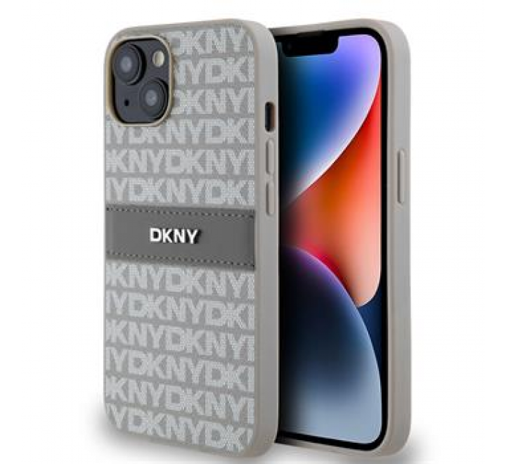 DKNY PU Leather Repeat Pattern Tonal Stripe Zadní Kryt pro iPhone 14 Beige
