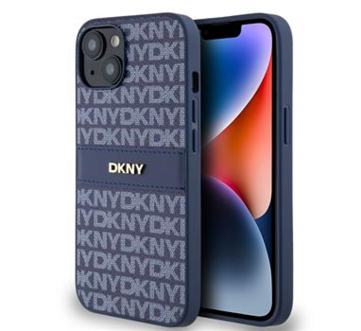 DKNY PU Leather Repeat Pattern Tonal Stripe Zadní Kryt pro iPhone 14 Blue