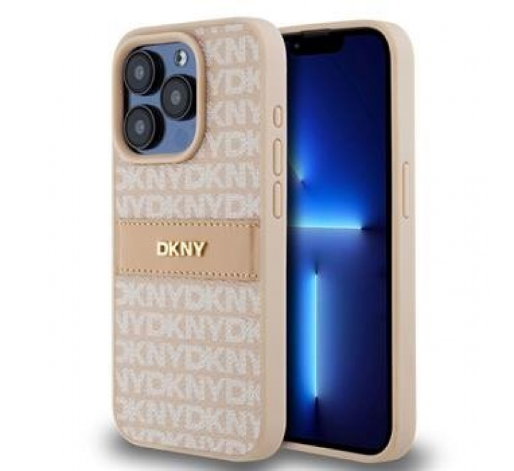 DKNY PU Leather Repeat Pattern Tonal Stripe Zadní Kryt pro iPhone 14 Pro Pink