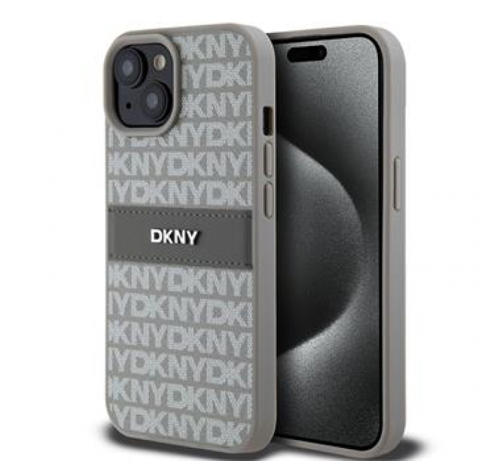 DKNY PU Leather Repeat Pattern Tonal Stripe Zadní Kryt pro iPhone 15 Beige