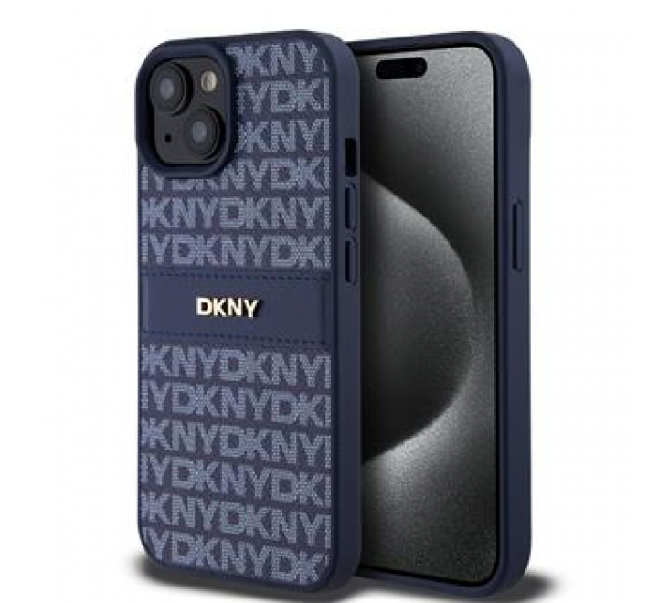 DKNY PU Leather Repeat Pattern Tonal Stripe Zadní Kryt pro iPhone 15 Blue