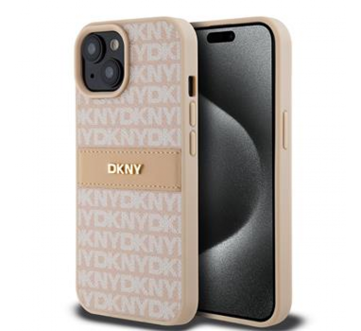 DKNY PU Leather Repeat Pattern Tonal Stripe Zadní Kryt pro iPhone 15 Pink
