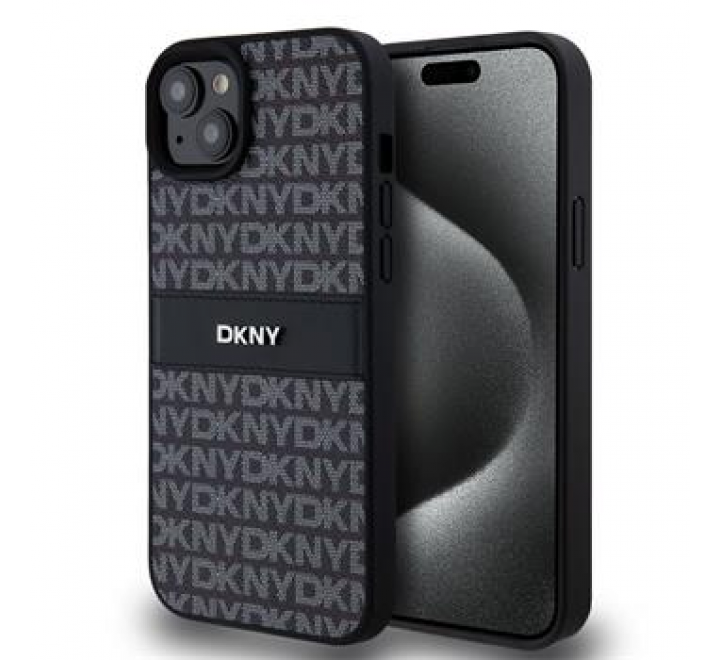 DKNY PU Leather Repeat Pattern Tonal Stripe Zadní Kryt pro iPhone 15 Plus Black