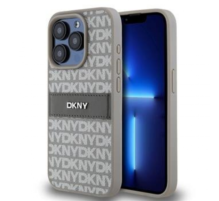 DKNY PU Leather Repeat Pattern Tonal Stripe Zadní Kryt pro iPhone 15 Pro Max Beige