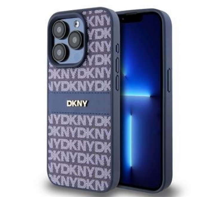 DKNY PU Leather Repeat Pattern Tonal Stripe Zadní Kryt pro iPhone 15 Pro Max Blue