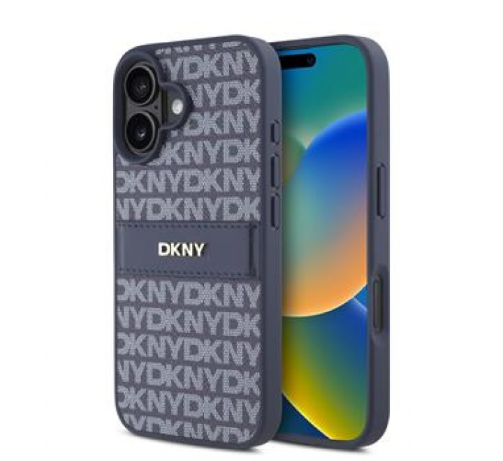 DKNY PU Leather Repeat Pattern Tonal Stripe Zadní Kryt pro iPhone 16 Blue