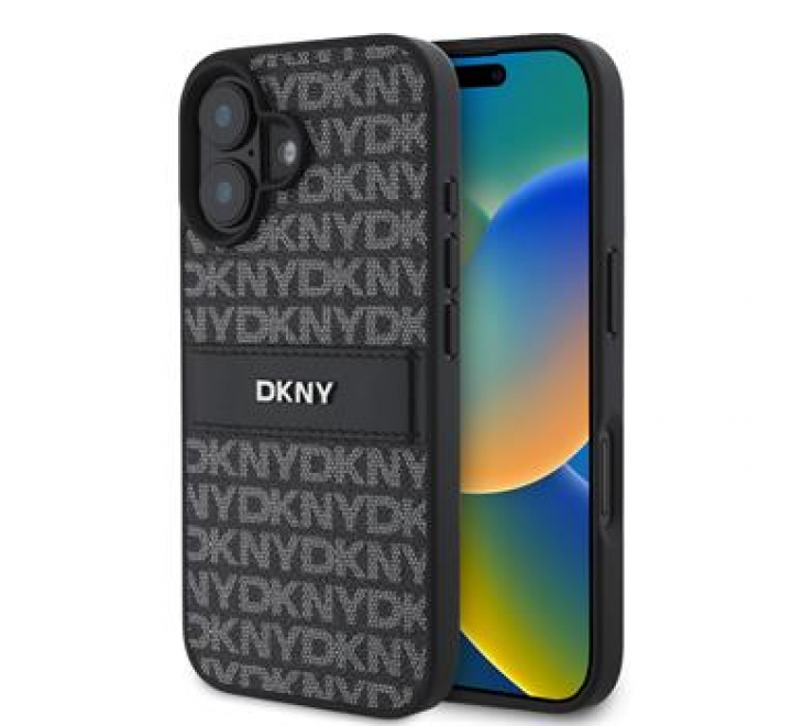 DKNY PU Leather Repeat Pattern Tonal Stripe Zadní Kryt pro iPhone 16 Plus Black