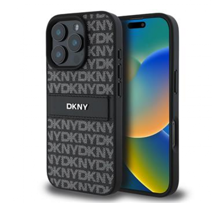 DKNY PU Leather Repeat Pattern Tonal Stripe Zadní Kryt pro iPhone 16 Pro Black