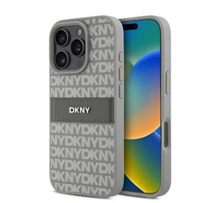 DKNY PU Leather Repeat Pattern Tonal Stripe Zadní Kryt pro iPhone 16 Pro Max Beige