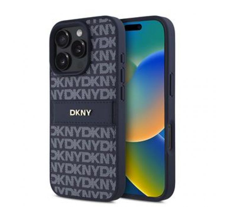 DKNY PU Leather Repeat Pattern Tonal Stripe Zadní Kryt pro iPhone 16 Pro Max Blue