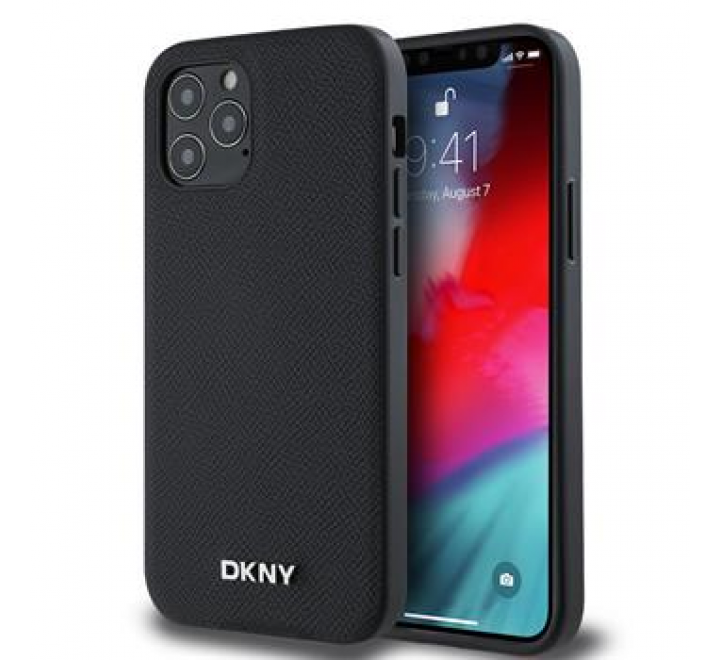 DKNY PU Leather Silver Metal Logo Magsafe Zadní Kryt pro iPhone 12/12 Pro Black
