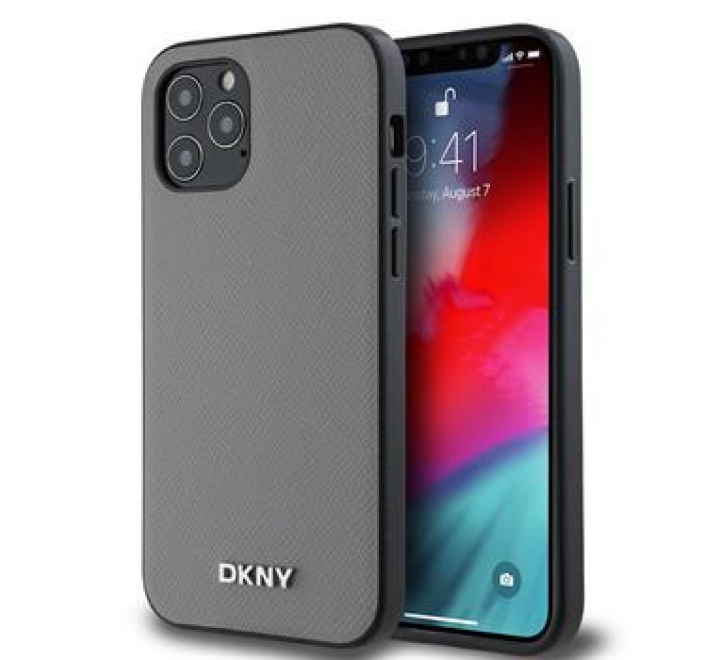 DKNY PU Leather Silver Metal Logo Magsafe Zadní Kryt pro iPhone 12/12 Pro Grey