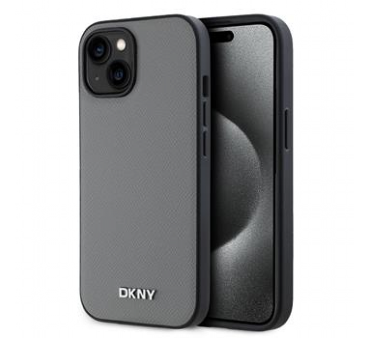 DKNY PU Leather Silver Metal Logo Magsafe Zadní Kryt pro iPhone 13 Grey
