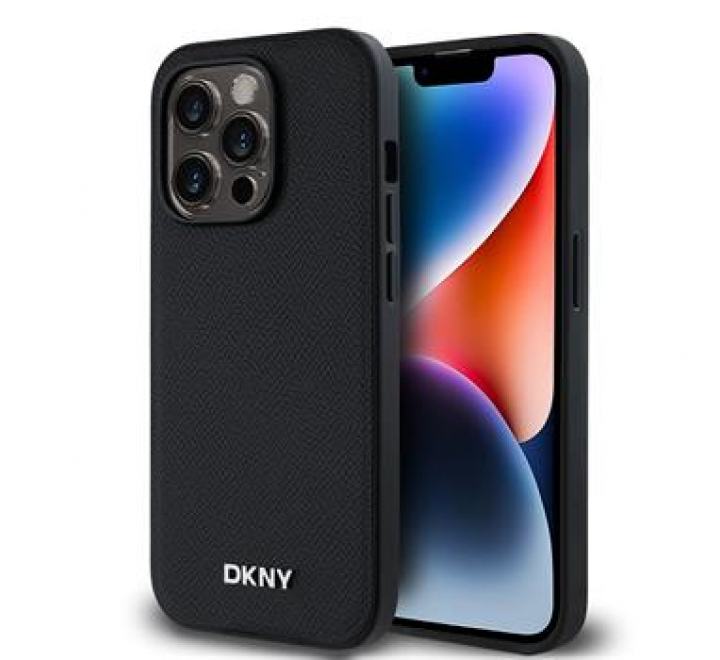 DKNY PU Leather Silver Metal Logo Magsafe Zadní Kryt pro iPhone 14 Pro Max Black