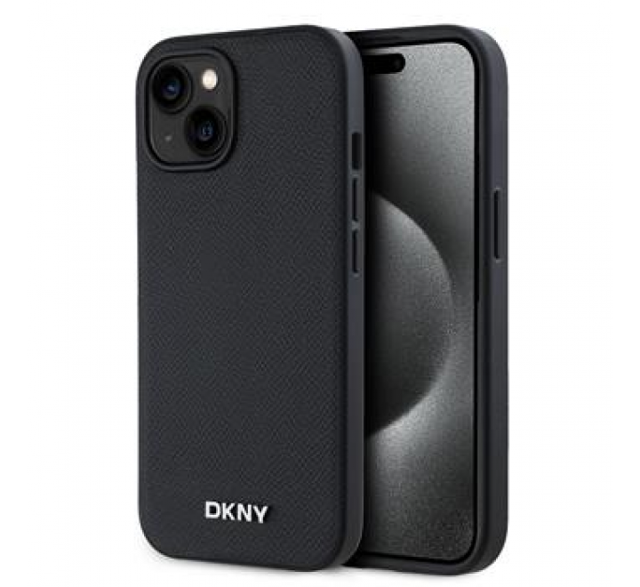 DKNY PU Leather Silver Metal Logo Magsafe Zadní Kryt pro iPhone 15 Black