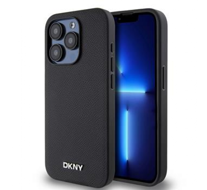 DKNY PU Leather Silver Metal Logo Magsafe Zadní Kryt pro iPhone 15 Pro Max Black