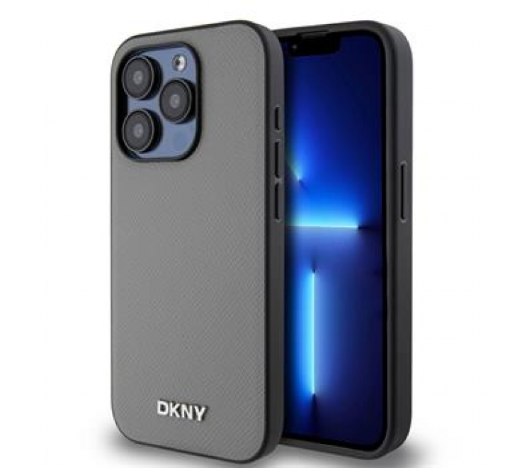 DKNY PU Leather Silver Metal Logo Magsafe Zadní Kryt pro iPhone 15 Pro Max Grey