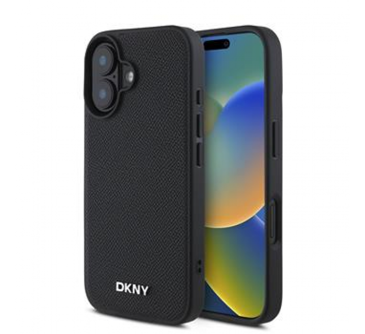 DKNY PU Leather Silver Metal Logo Magsafe Zadní Kryt pro iPhone 16 Black