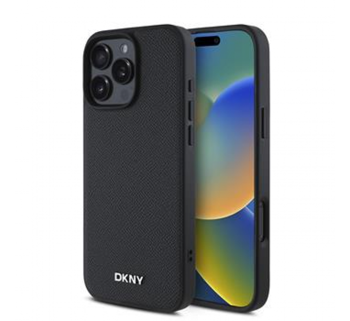 DKNY PU Leather Silver Metal Logo Magsafe Zadní Kryt pro iPhone 16 Pro Black