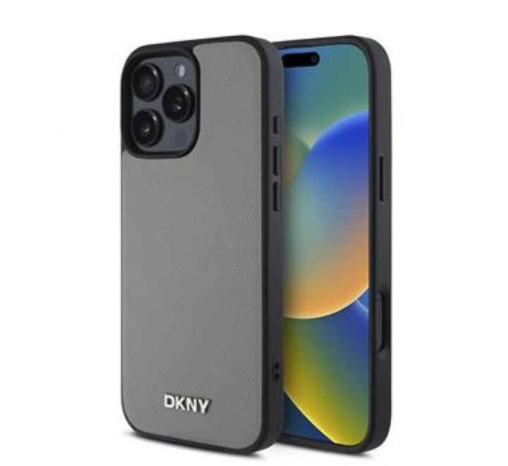 DKNY PU Leather Silver Metal Logo Magsafe Zadní Kryt pro iPhone 16 Pro Max Grey