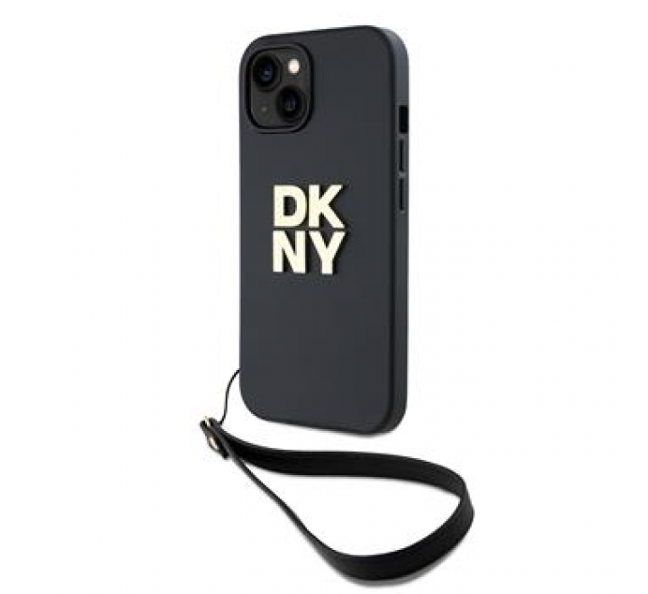 DKNY PU Leather Stack Logo Wrist Strap Zadní Kryt pro iPhone 14 Black