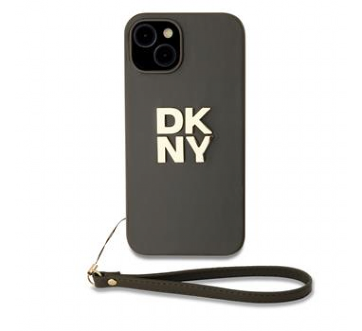DKNY PU Leather Stack Logo Wrist Strap Zadní Kryt pro iPhone 14 Green