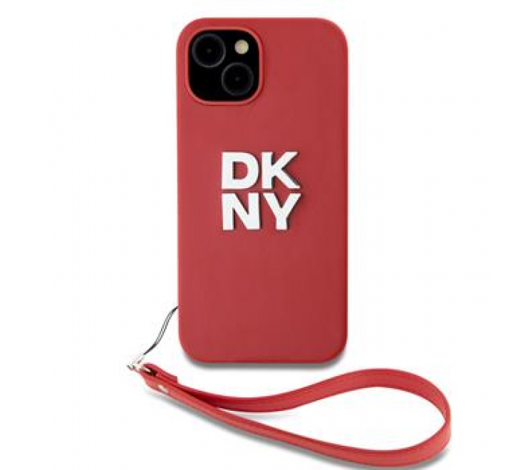 DKNY PU Leather Stack Logo Wrist Strap Zadní Kryt pro iPhone 14 Pink