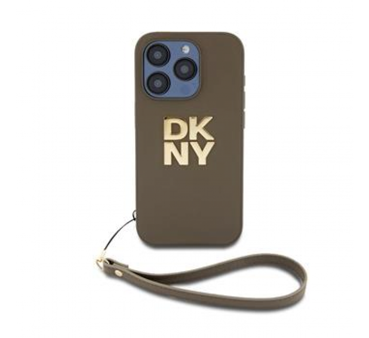 DKNY PU Leather Stack Logo Wrist Strap Zadní Kryt pro iPhone 14 Pro Green