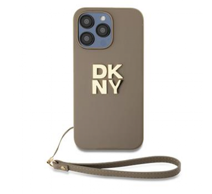 DKNY PU Leather Stack Logo Wrist Strap Zadní Kryt pro iPhone 14 Pro Max Beige