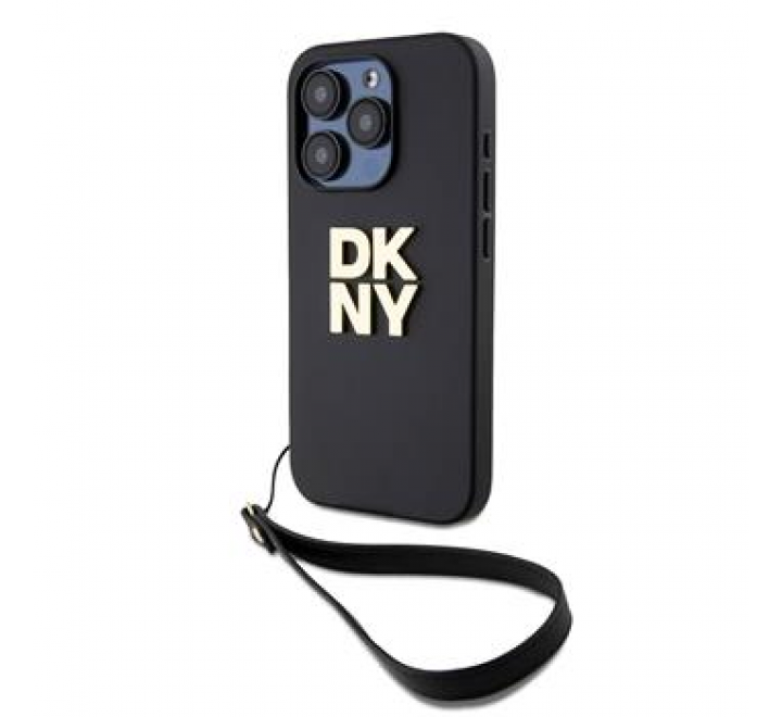DKNY PU Leather Stack Logo Wrist Strap Zadní Kryt pro iPhone 15 Pro Black