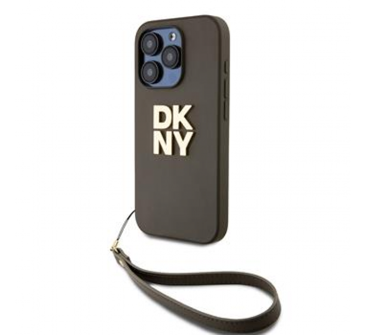 DKNY PU Leather Stack Logo Wrist Strap Zadní Kryt pro iPhone 15 Pro Green