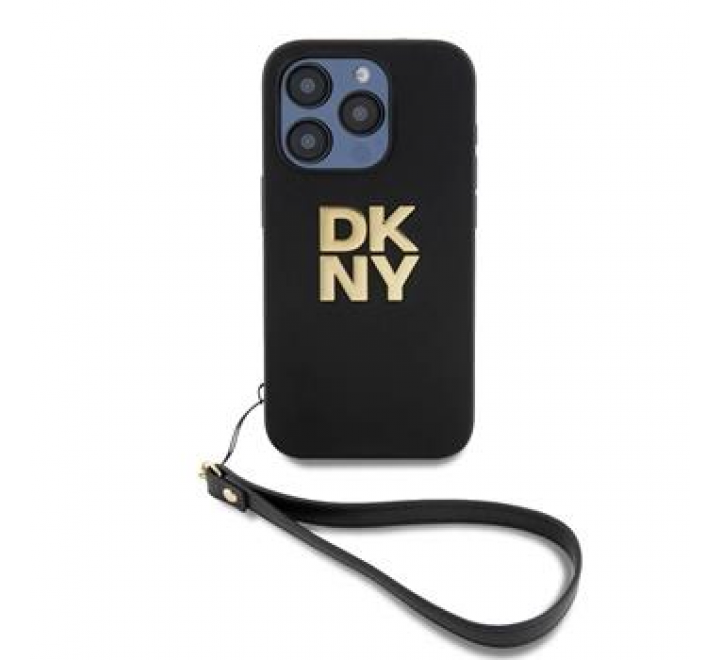 DKNY PU Leather Stack Logo Wrist Strap Zadní Kryt pro iPhone 15 Pro Max Black