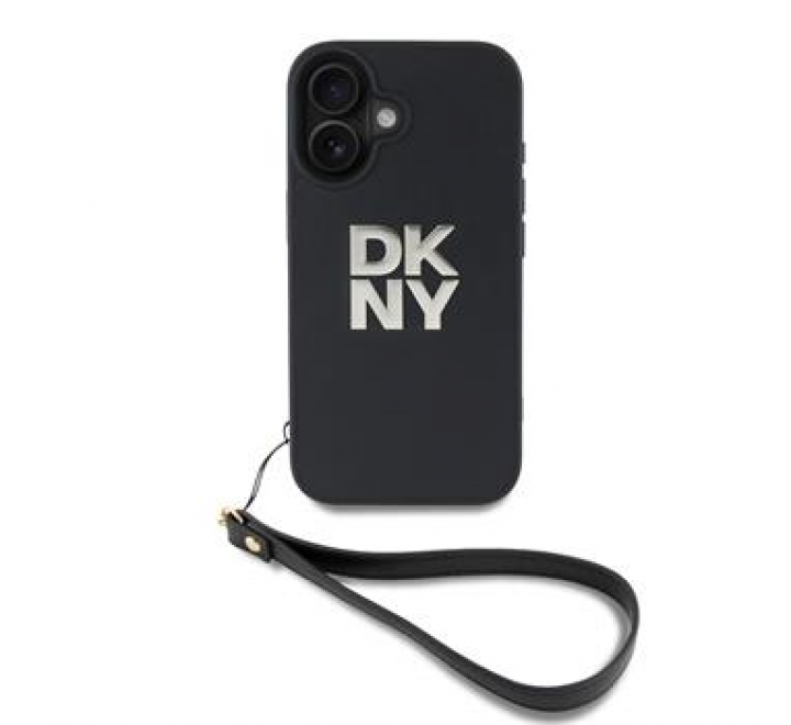 DKNY PU Leather Stack Logo Wrist Strap Zadní Kryt pro iPhone 16 Black