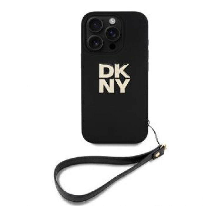 DKNY PU Leather Stack Logo Wrist Strap Zadní Kryt pro iPhone 16 Pro Black
