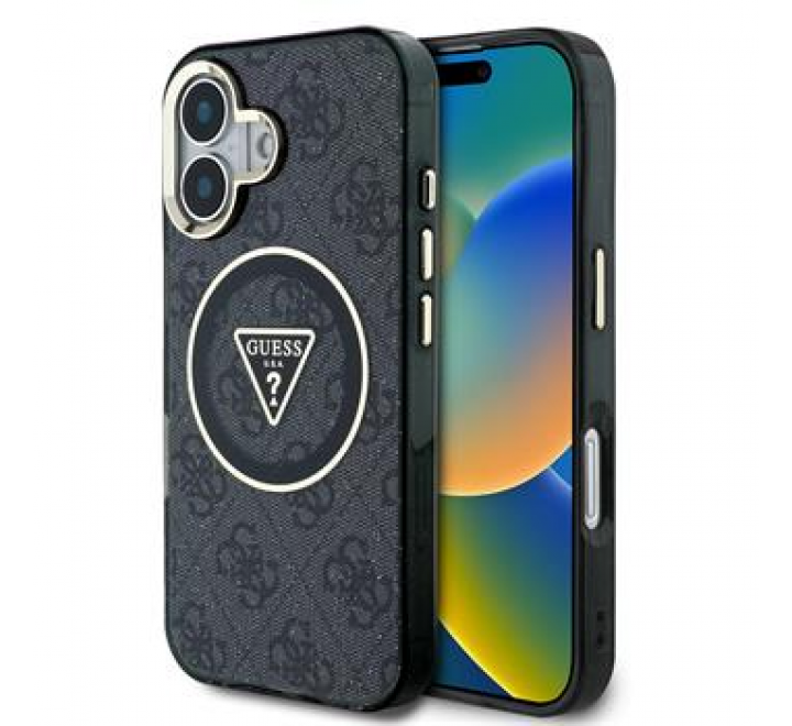 Guess IML 4G Glitter and Triangle Logo MagSafe Zadní Kryt pro iPhone 16 Black