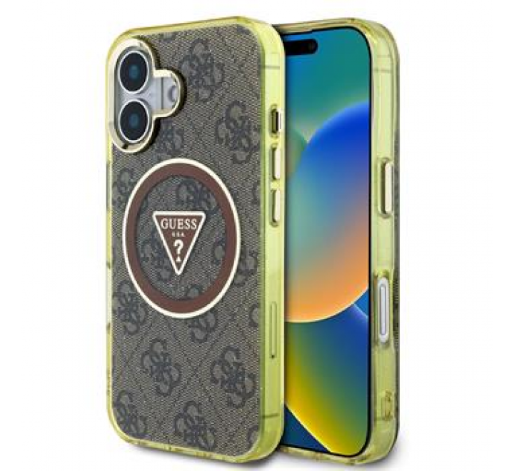 Guess IML 4G Glitter and Triangle Logo MagSafe Zadní Kryt pro iPhone 16 Brown