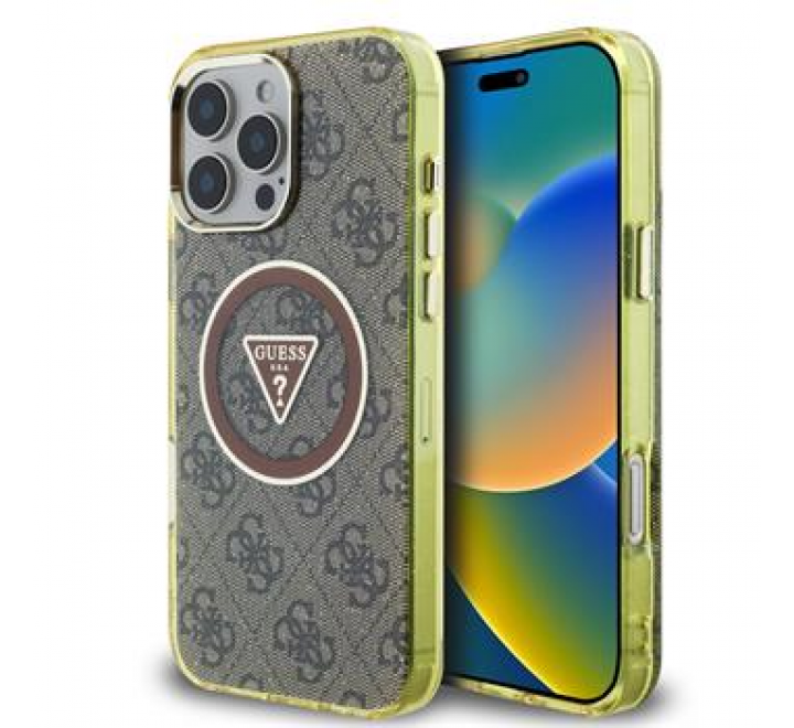 Guess IML 4G Glitter and Triangle Logo MagSafe Zadní Kryt pro iPhone 16 Pro Brown