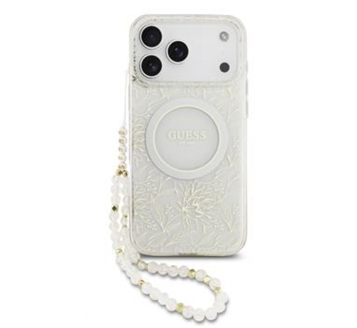 Guess IML Flowers Allover Strap MagSafe Zadní Kryt pro iPhone 17 Pro Max White