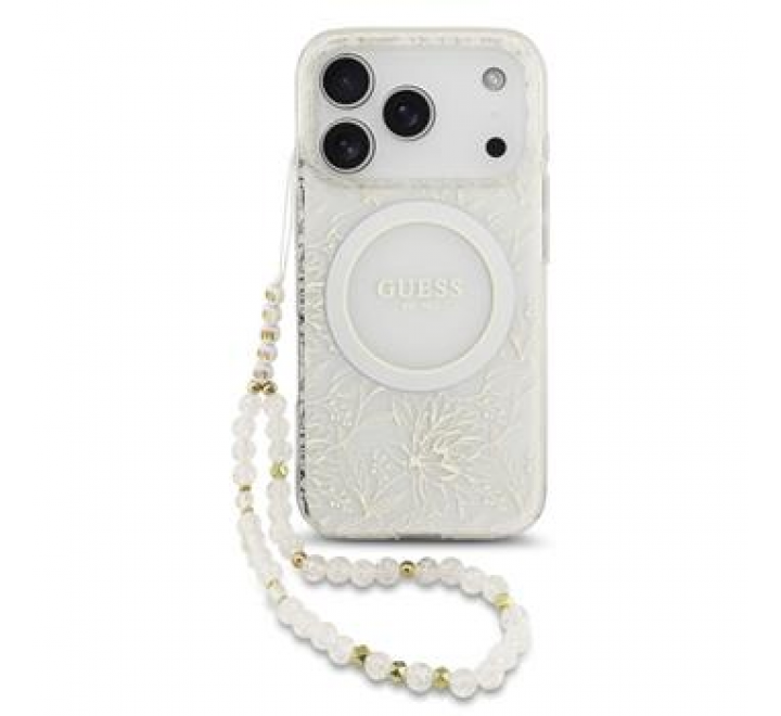 Guess IML Flowers Allover Strap MagSafe Zadní Kryt pro iPhone 17 Pro White