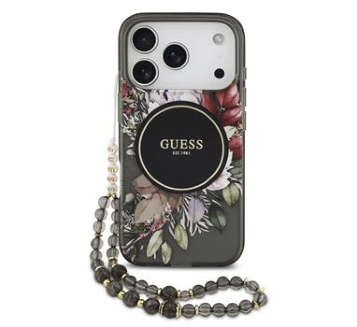 Guess IML Flowers Strap MagSafe Zadní Kryt pro iPhone 17 Pro Black