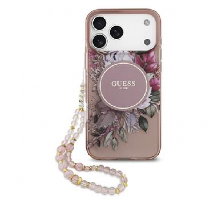 Guess IML Flowers Strap MagSafe Zadní Kryt pro iPhone 17 Pro Max Pink