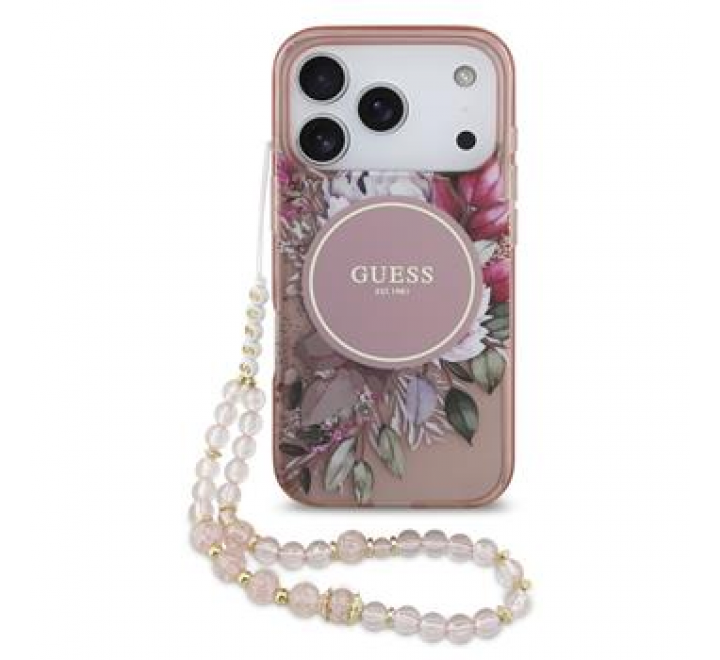 Guess IML Flowers Strap MagSafe Zadní Kryt pro iPhone 17 Pro Pink
